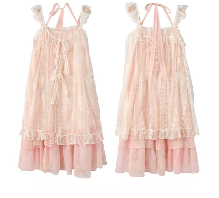 Slip Overdress Dress+Flutter Sleeves Neck Tiered Two-pieces Skirt Polka-dot Yume Kawaii Pink Set- Halter
