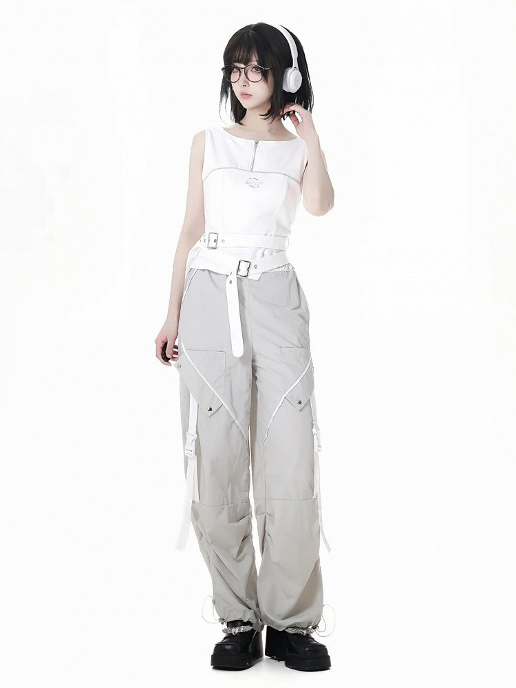 Pants Gray Drawstring Cuffs Snap Details Techwear