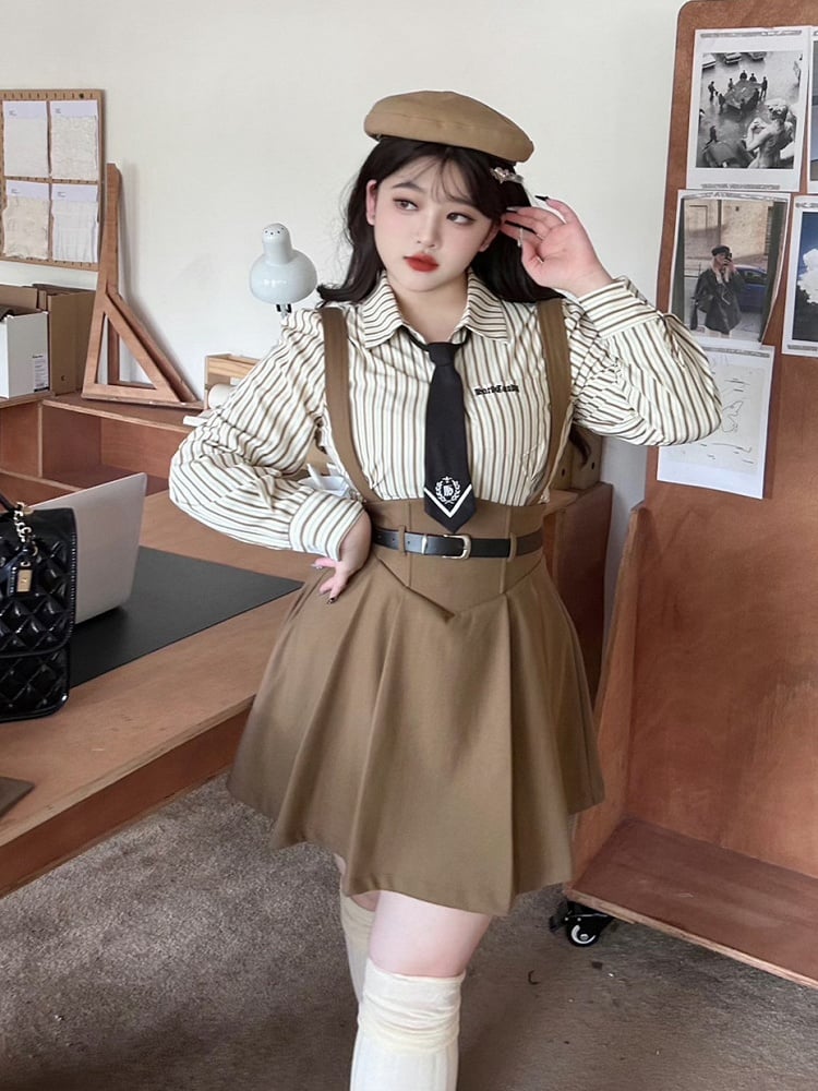 Coffee - Size Suspender Waist Preppy High Plus Skirt Overalls