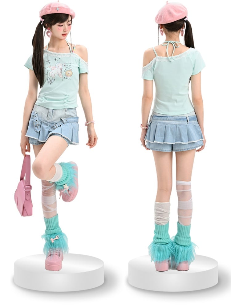 Raw Blue Buckle Straps Pleated Punk Skirt Hem Denim Glamorous