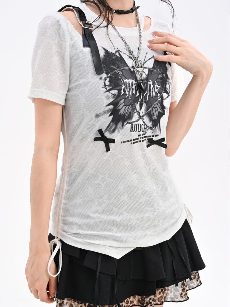Butterfly Y2K White Semi-sheer PU Print Buckle T-shirt Waist Drawstring Strap Glamorous