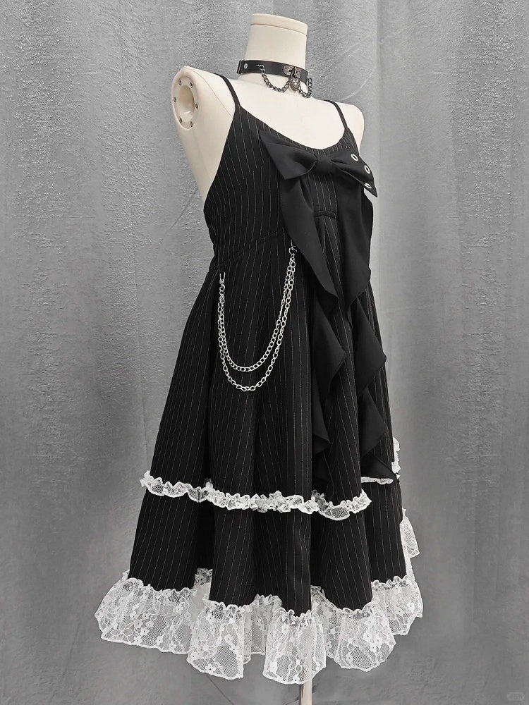 Skirt Cami Dress Big Bow Neckline Black with Striped Waist Detachable Chain Bubble