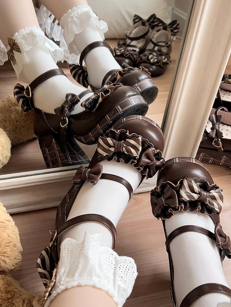 Heart Dark Brown High Chocolate Heels Striped Janes Bowknot Details Platform Mary Buckle Block