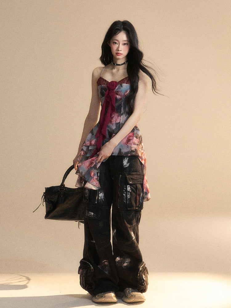 Painting Red Oil Cami Top Asymmetrical Flounce Embellished Hem Floral Glamorous