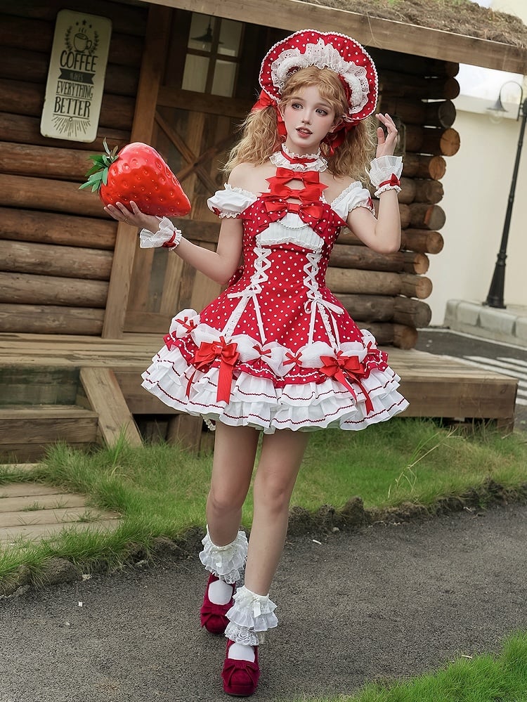 und Puffkleid mit gepunkteten Ärmeln, Schul-Polka-Lolita-Ausschnitt mit altroten Akzenten, Neckholder-Schleife