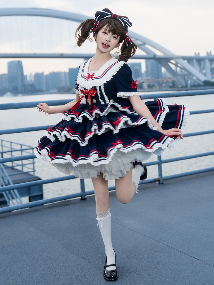 Sailor Set Lolita Navy Summer Dress Skirt Full OP Navycore Tiered Blue