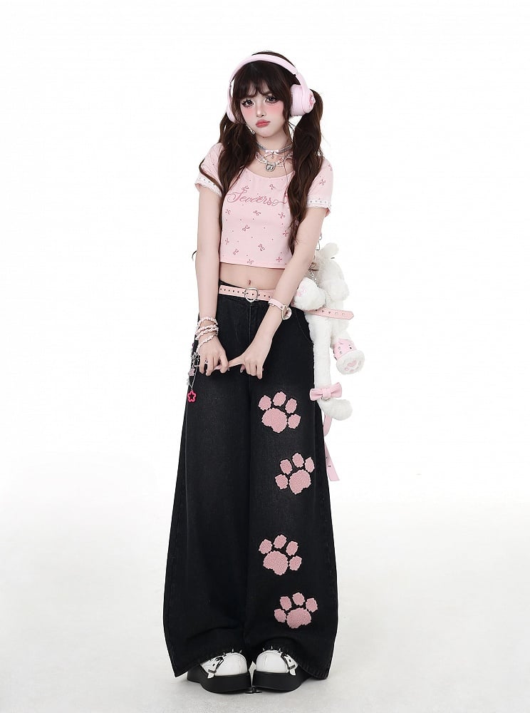 Waist Straight-Leg Jeans Pink Paw Embroidery Black Low