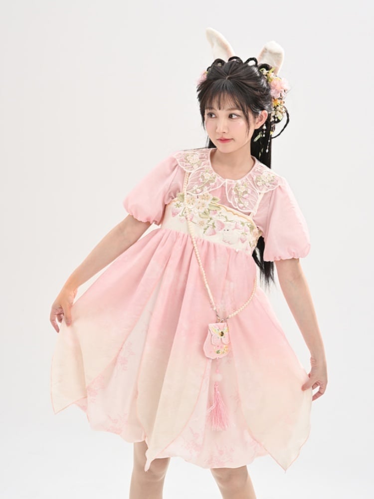 Ombre Style Spaghetti Strap Dress Empire Pink Waist Strawberry Embroidery Cheongsam
