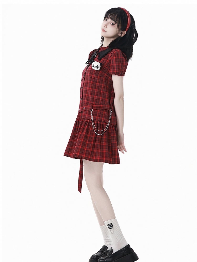 Buckle Plushie and Belt with Panda Red Black Puff Sleeves Plaid Dress
