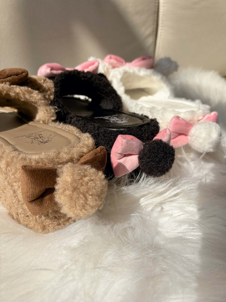 Brown Cute Bow Accents Lamb Ears Platform Winter Slipper