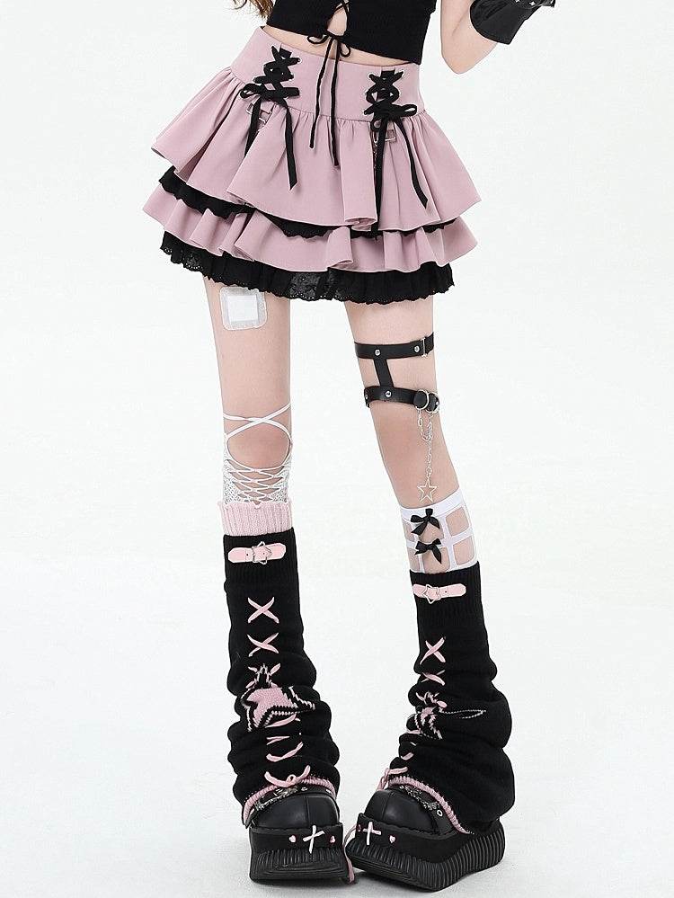Waist at Pink Tiered Lace-up Details Y2K Skirt