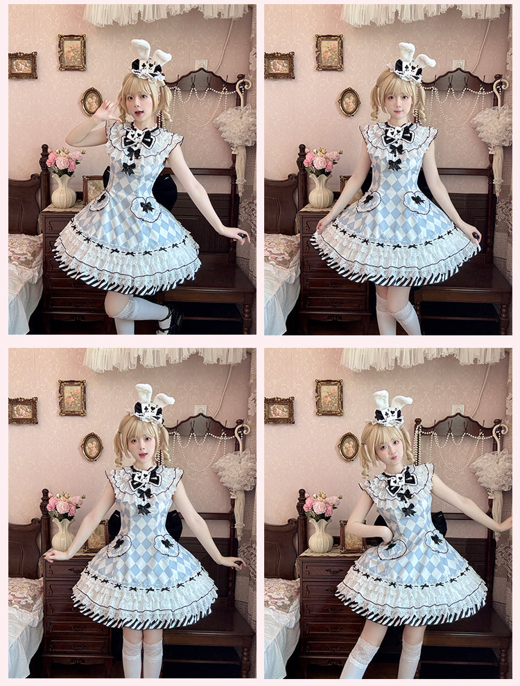 Wunderland Alice Blau Diamant Muster Hasenohren Hut Vibes in