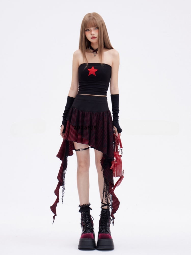 Glamorous Vintage Black Slim-fitting Bustier Top Red Star Print Cropped