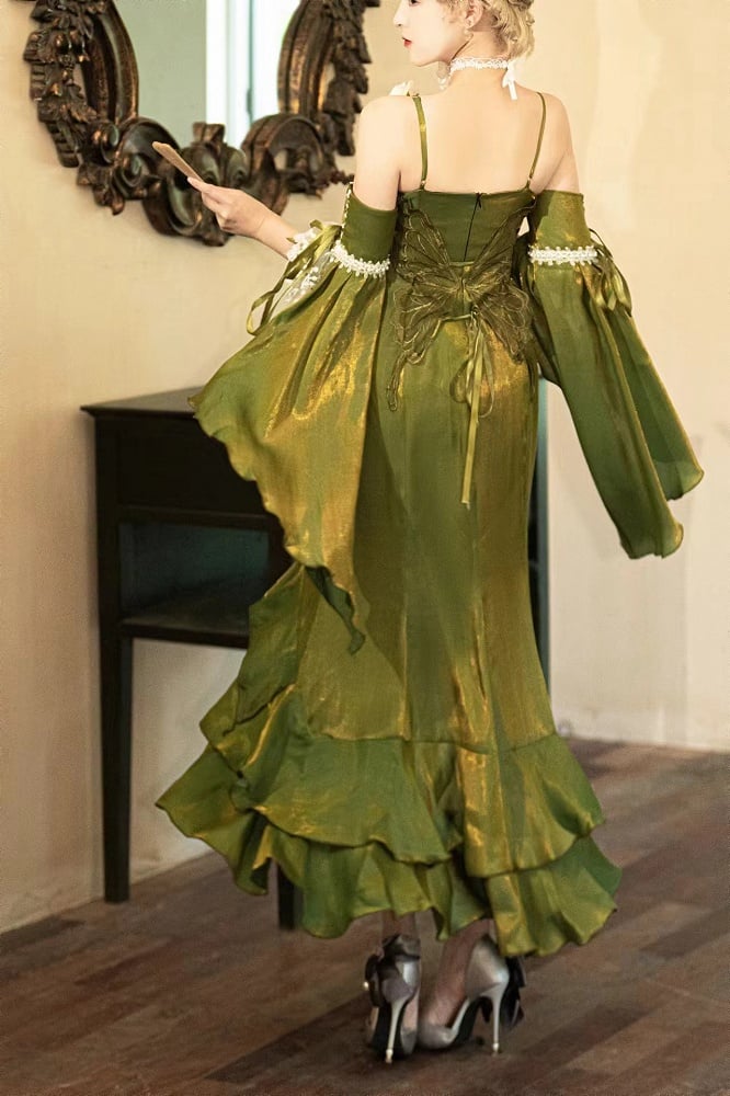 Gown Sleeves Evening Dress Detachable Flounce with Green Mermaid Rosette