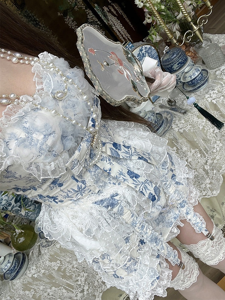 Porcelain + Corset Blue Neckline Rococo Outfit Chinoiserie White Skort Sweetheart and Top