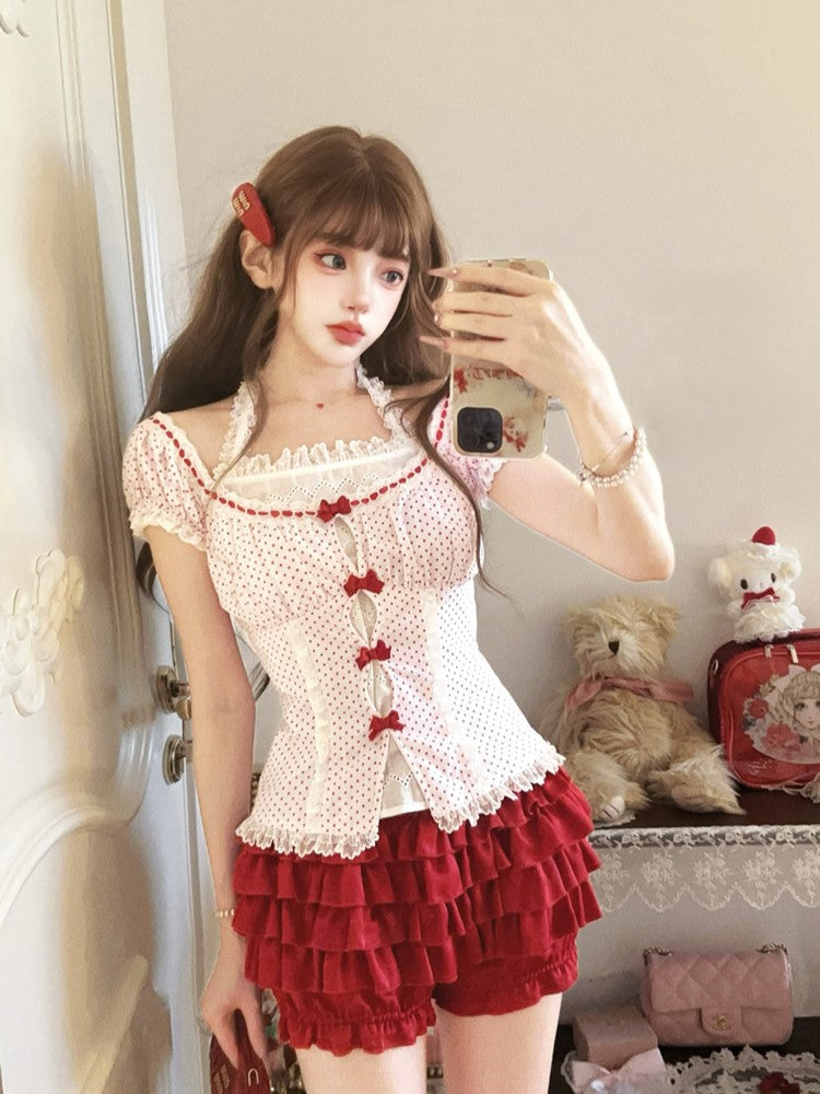Bow Accents Top Polka-dot Sleeves Lace Halter Puff Red With
