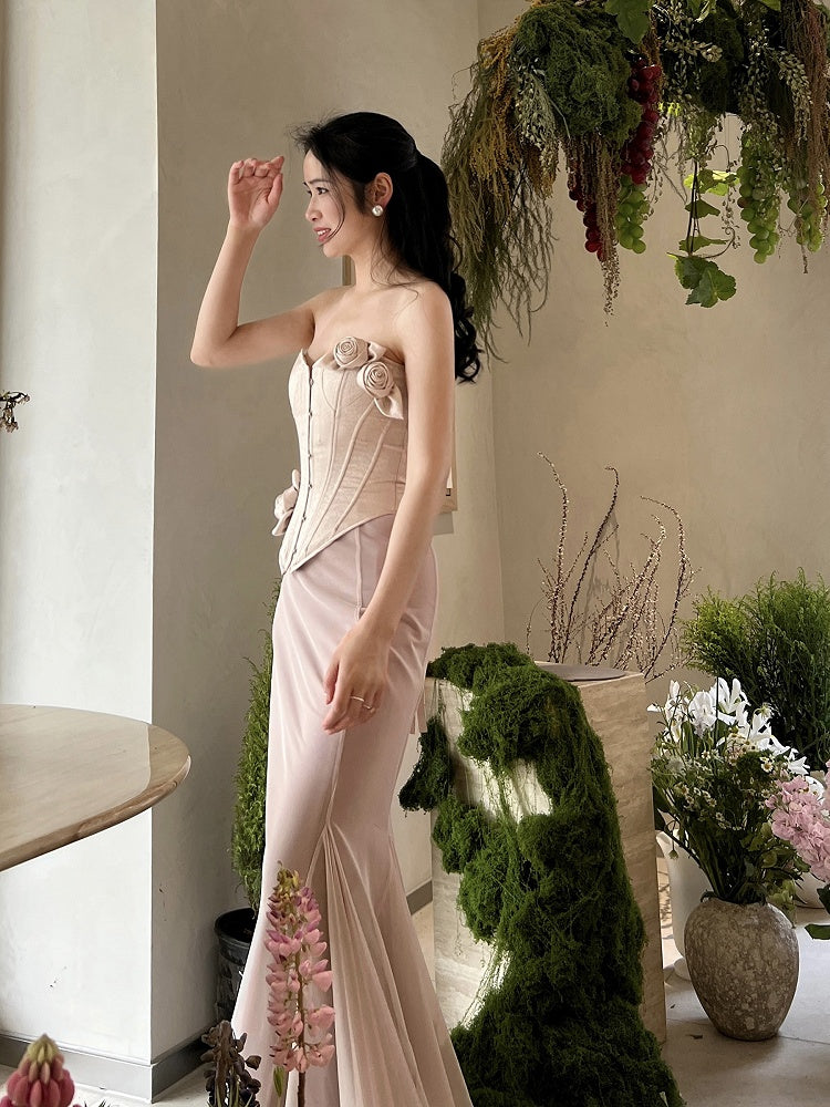 Nude Pink Vintage Bustier Flowers Satin Boned Corset Top