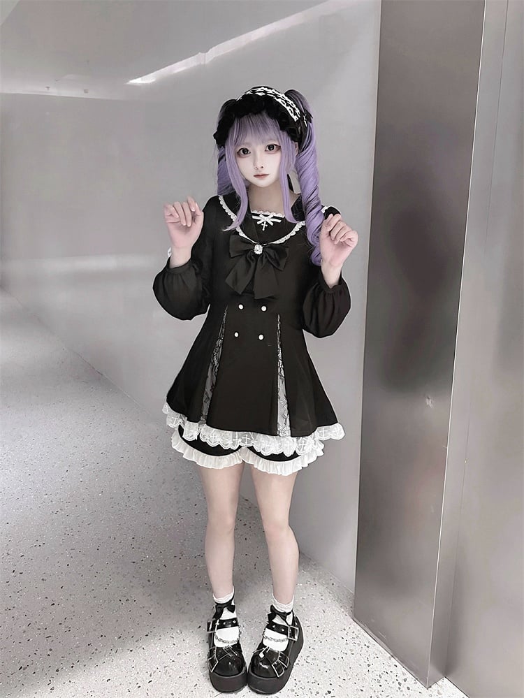 High Mini Coord with Dress Slit Matching Kei Black Set: Jirai Lace-Paneled Edgy Shorts