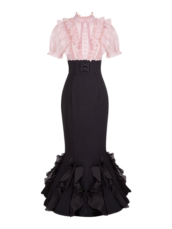 Pieces Pink Waist Blouse Elegant Fake Two Lolita Boned Skirt Design Black and Dress Mermaid