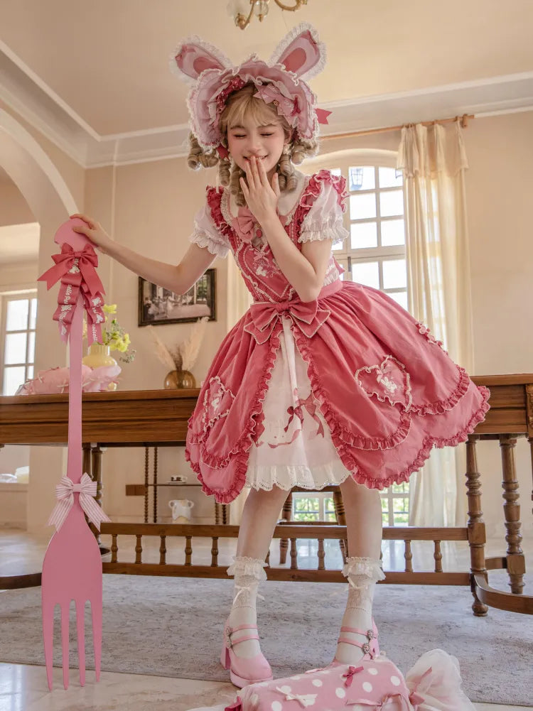 Short Bows Pink Piece One Sweet Dress and Sleeves Print Lolita Bunny
