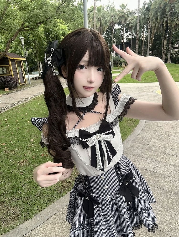 High-Waist Black Cutout Cross with Top Jirai / Plaid Kei Alt-Moe Halter Skirt Shoulder