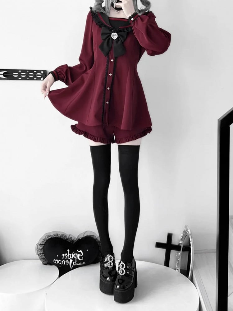 Kei Ears Jirai Red Set- Back Bow Design + Wine Mini Dress + Ruffle Hem Shorts Tie Sailor Collar Bunny