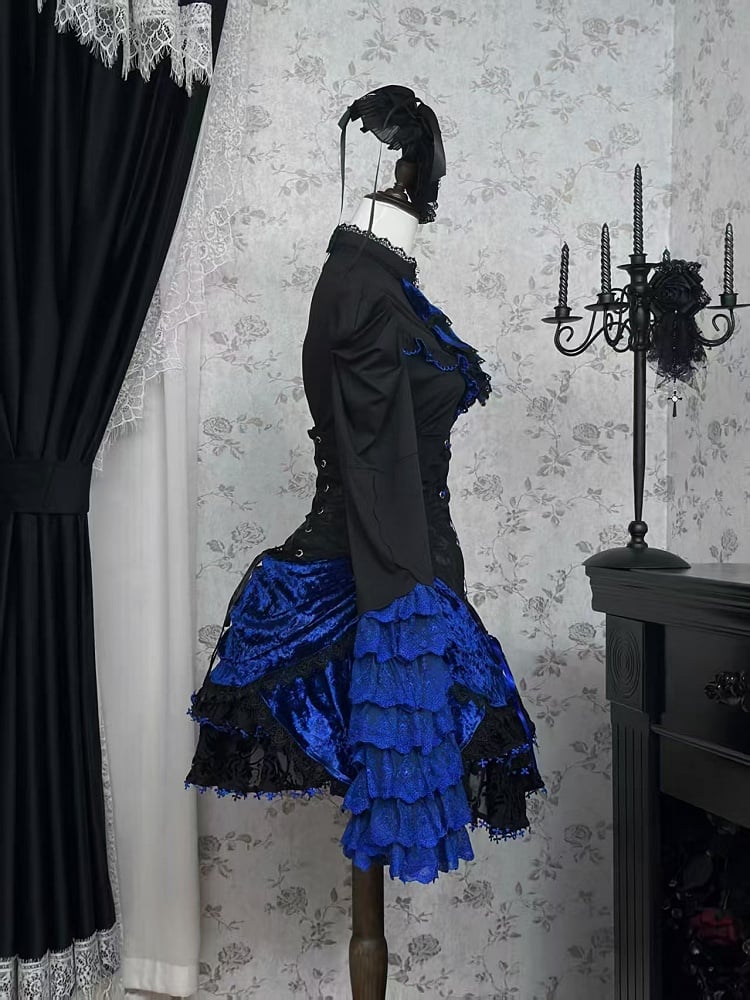 Boned Lolita Waist Tie Shirt Skirt Set Hat Black Gothic Jabot Long Sleeves High + - and Mini Blue Bell Klein Full