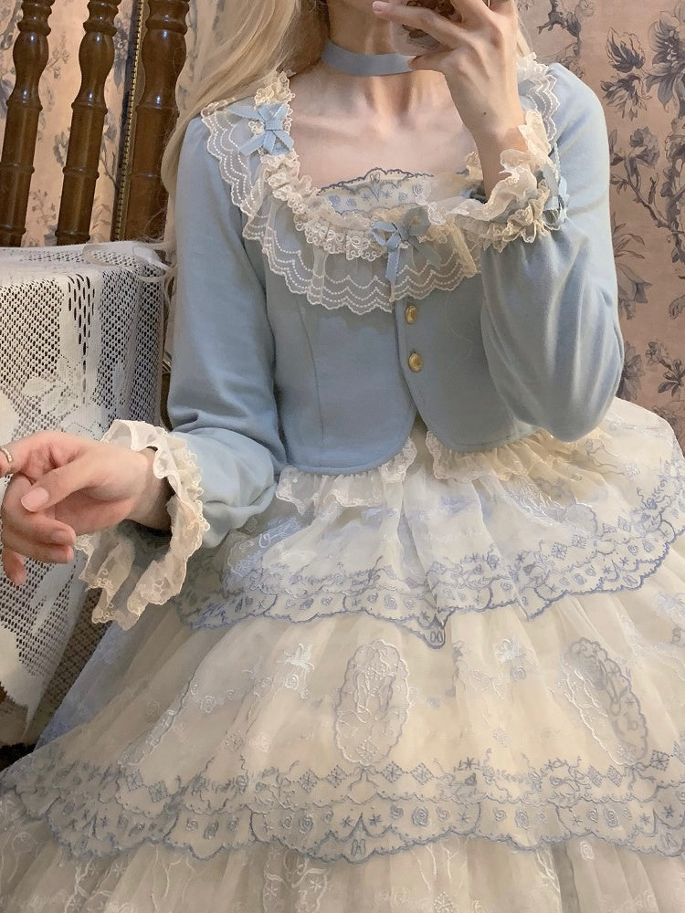 Autumn Trim Fashion Blue Accents Dusty Cropped Lolita Cardigan with Lace Bow and