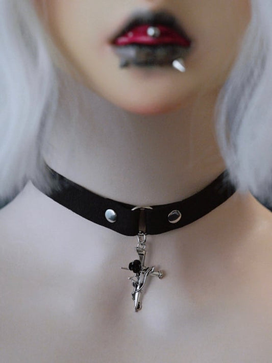 Cross Decorated Choker Pendant Rosette Black Gothic