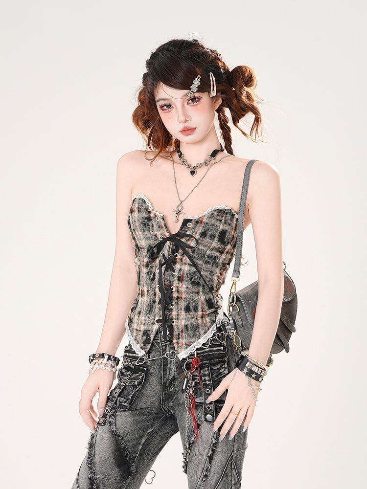 Leopard and Strapless Top Pattern Plaid Brown/Blue Lace-up Front Lace Trim