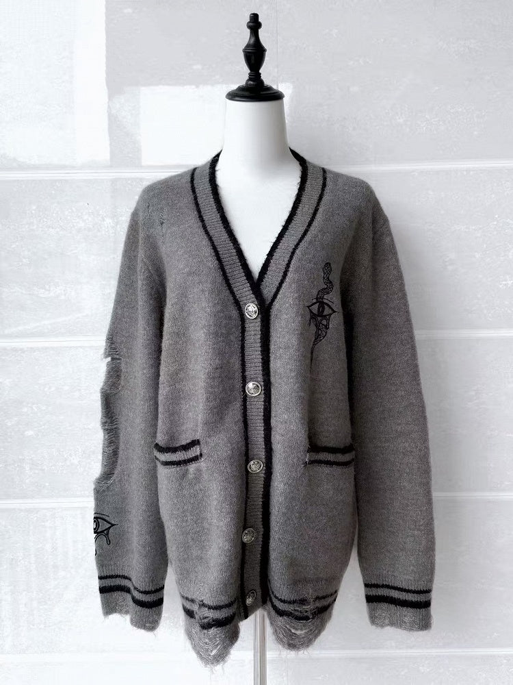 Gray with Guro Kawaii Eye and Snake Embroidery Distressed Holes Knit Cardigan