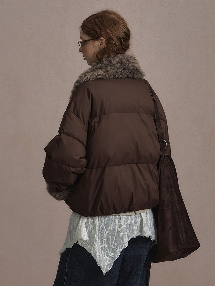 Beige/Brown Short Puffer Jacket with Faux Fur Trim and White Duck Down Filling