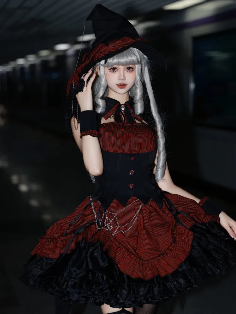 Red and Black Boned Waist Drawstring Striped Pattern Hem Halloween Gothic Lolita Dress