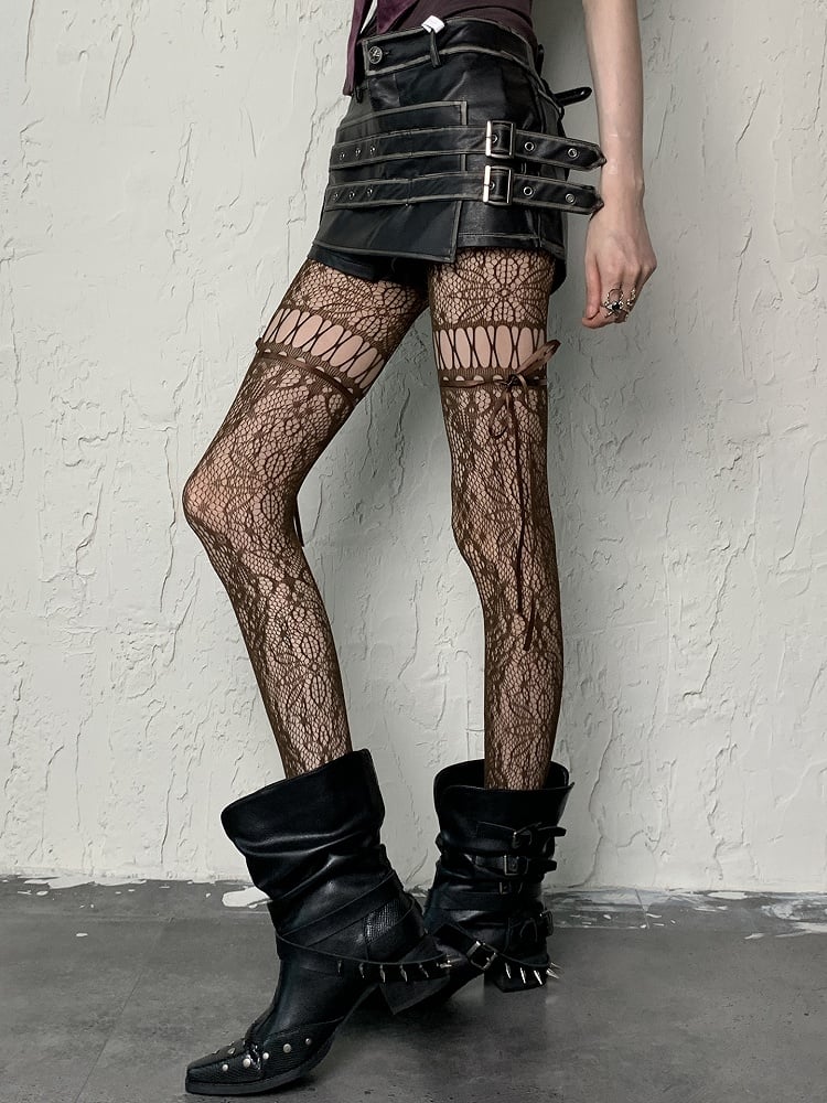 Cut-out Self-tie Coffee/Gray/Black/White/Purple/Blue Y2K Floral Pattern Design Tights Straps