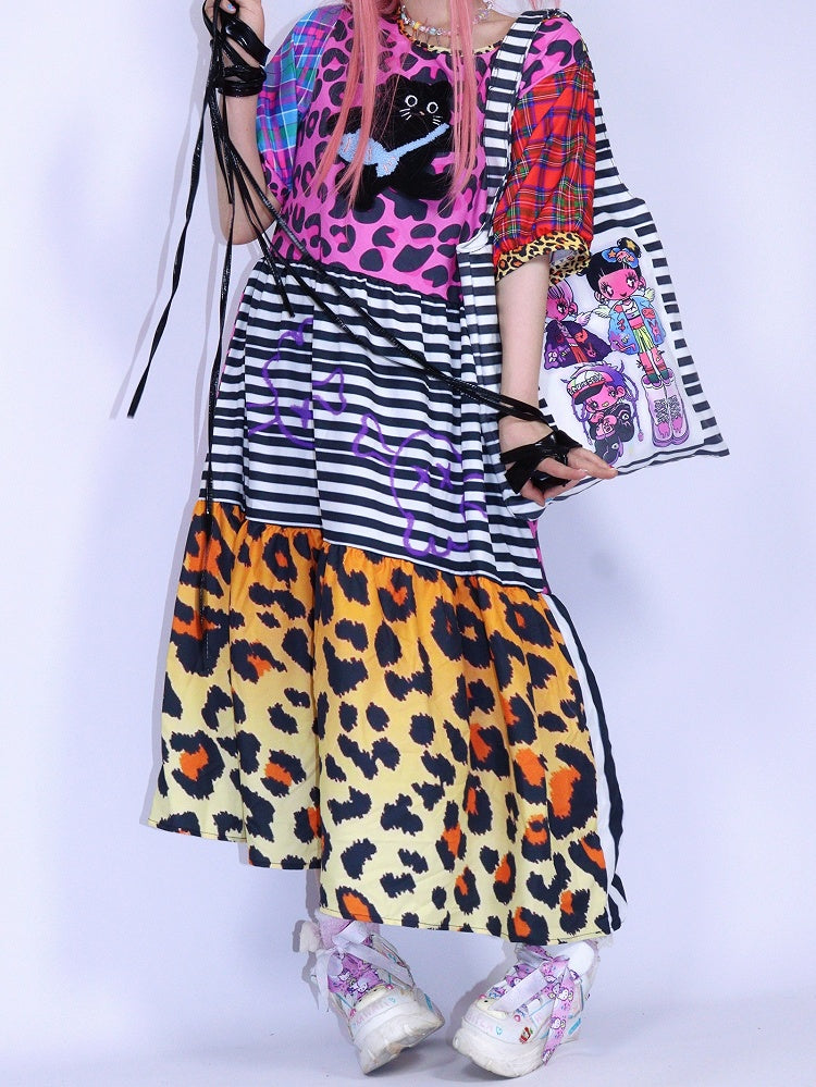 Sleeves Print Pink Puff Leopard Gyaru Fashion Dress