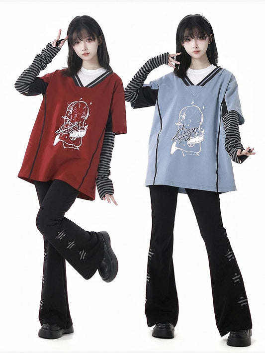 ツーピースネックブルー/レッドラウンドフェイクライトグラフィックTシャツ