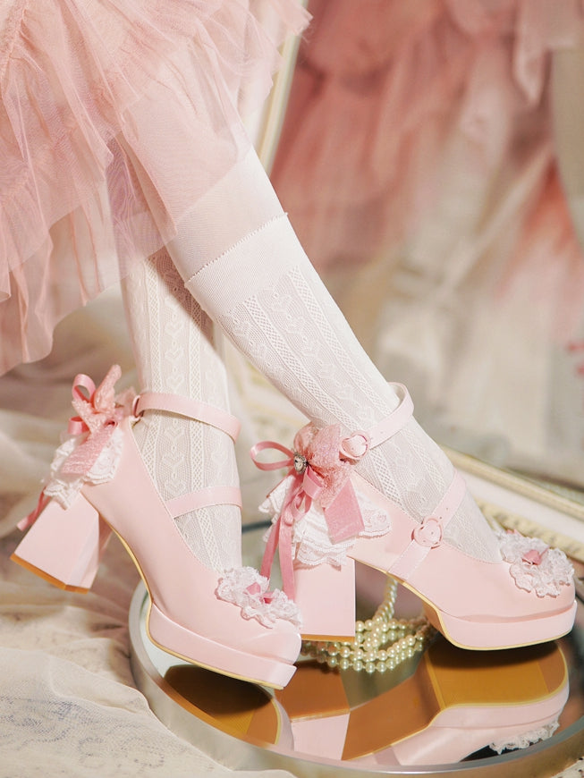 Rosa High Trim Lace Heels Herz Top Schleife an Block Schnallen geknotet