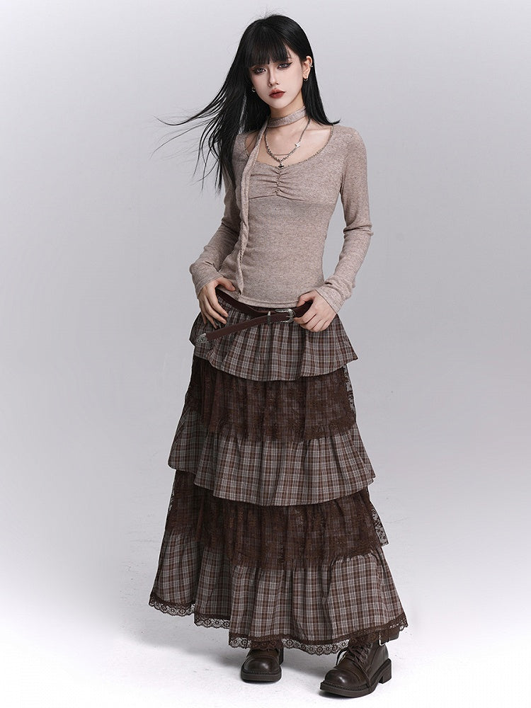 Side Lace Skirt Layers with Zipper Tiered Maxi Coffee Plaid