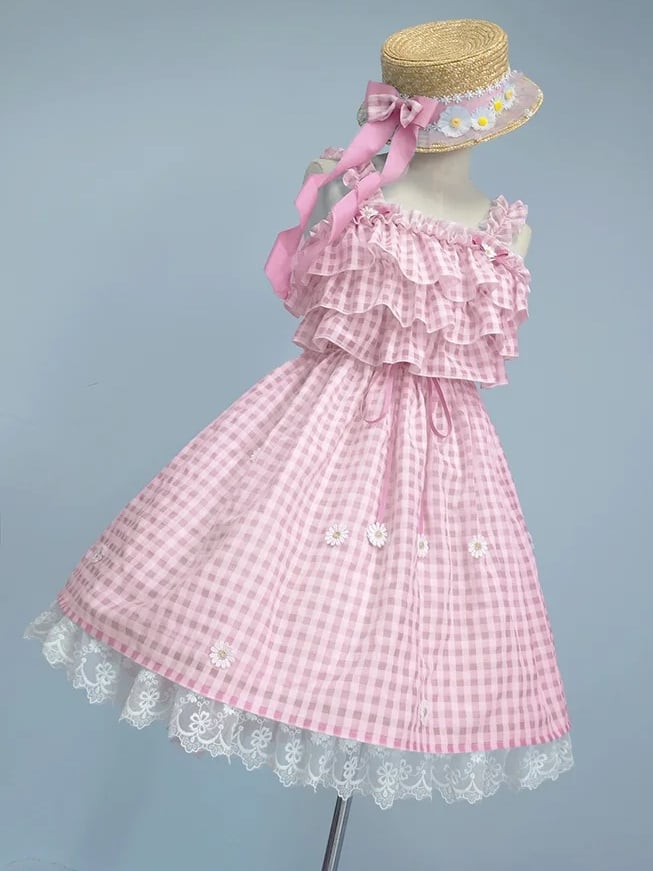 Pink Cottagecore Gingham Sundress Daisy Lace Trim Plaid Lolita Jumper Skirt