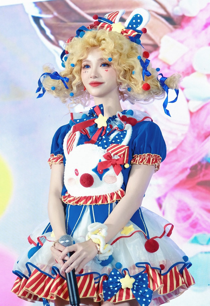 ピエロダークバニードレスブルークラウンコアオーバーオールフリースロリータパステルスイートサーカスレッドとボディス