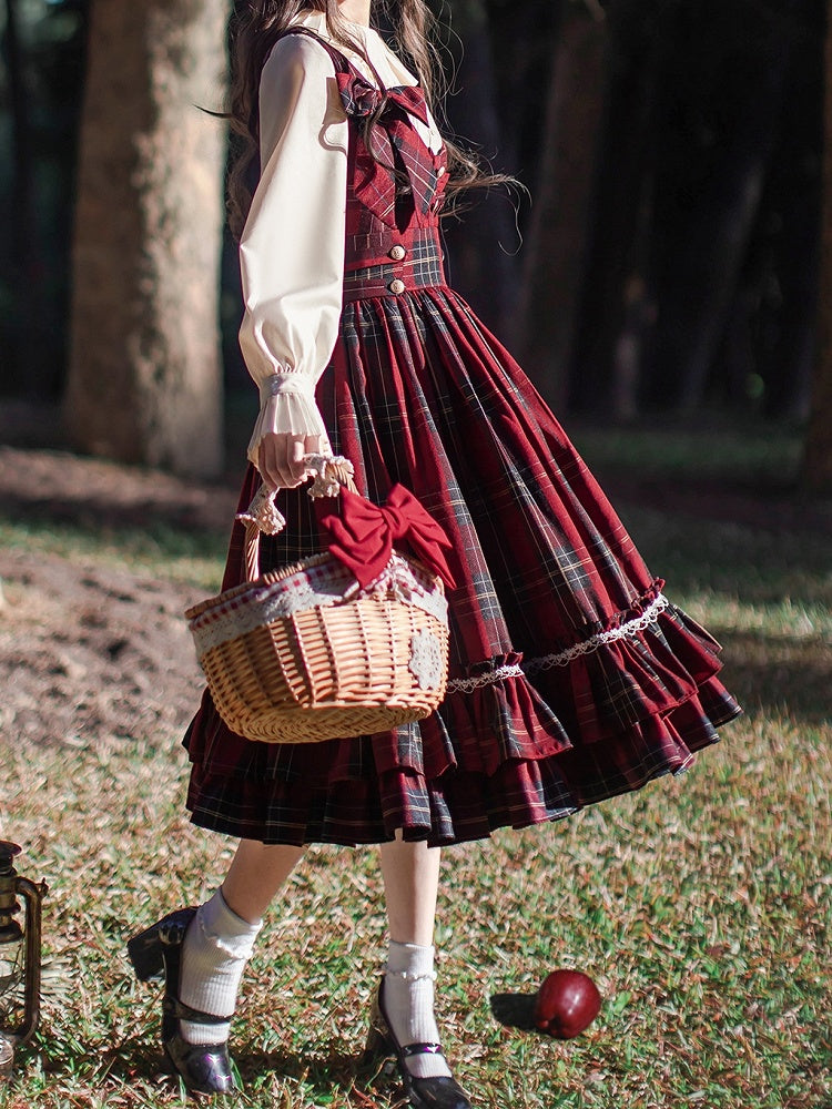 Bow Overall Plaid Dress High Red Waist Tie with