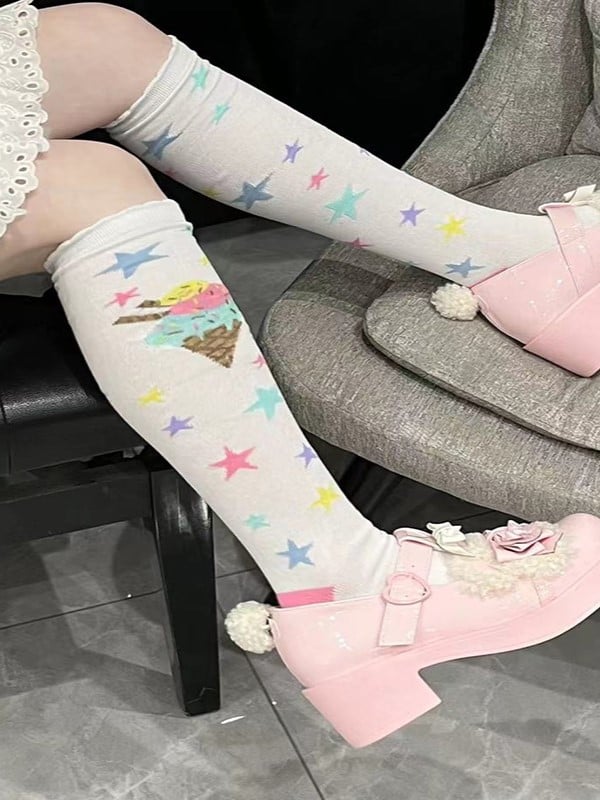 Pink/Blue/Purple/Yellow/White Star Lolita Socks Ice Design Calf Print Cream