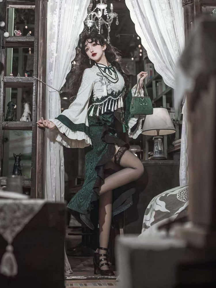 Slythern Grüne Volantärmel Cheongsam-Stil Goth Schlangenschuppenmuster Qipao-Kleid Kurz-/Langversion