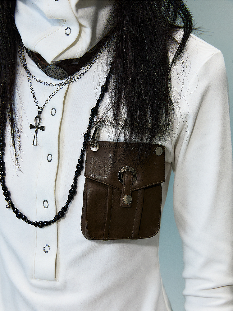 PU Pocket White Punk High-Neck Knit Top with Brown