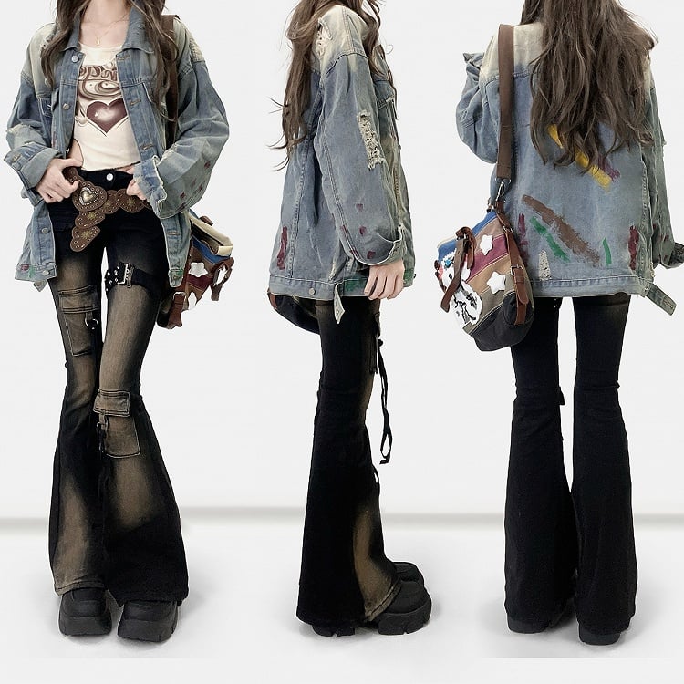 Design Jacket Holes Distressed Details Blue Print Light Denim