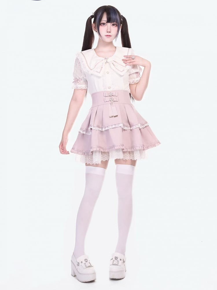 Bluse mit rosa-weißen Schleifen und Kronenbrosche Jirai Kei Schleifenkragen