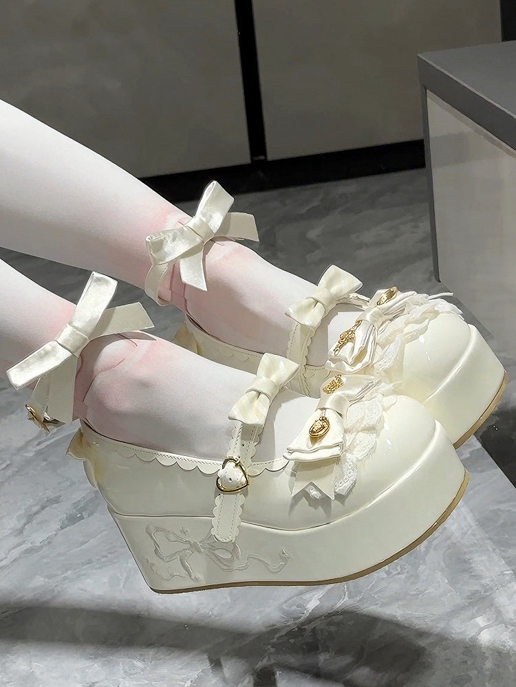 Lolita Sweet Platforms Spoon Details Decorated Bowknot White