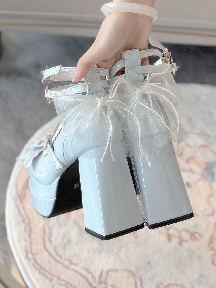 Sweet Blue Lolita Bow Polished Heels Top Platform 11CM at High