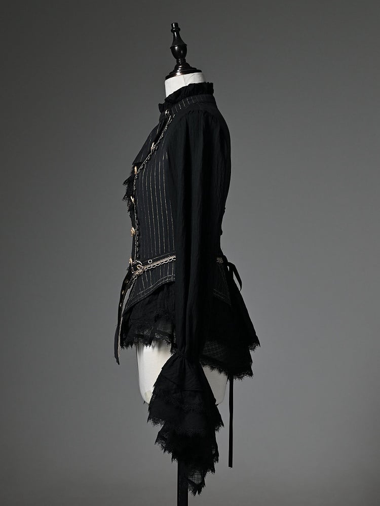 Black Ruffle Neckline Long Cuffs Sleeves Jabot Cadcading