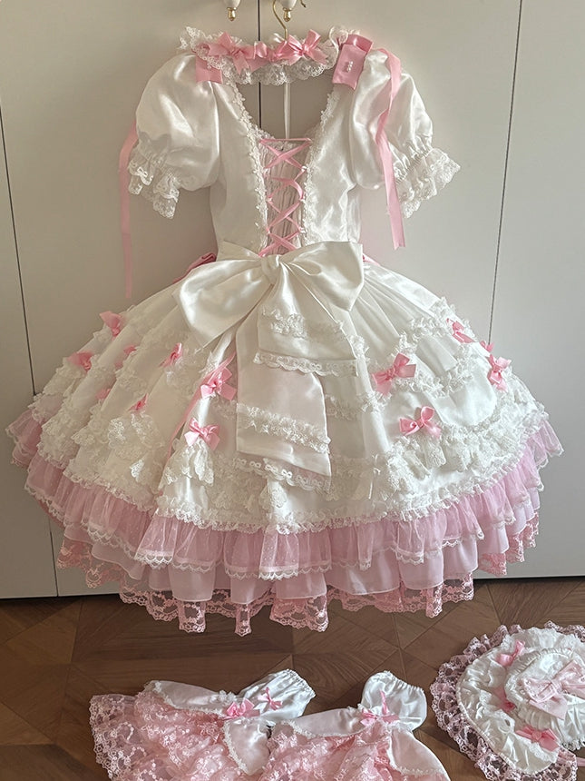 Dress High Sweet Pink with White Waist Sleeves Detachable Lolita Bow Princess Accents